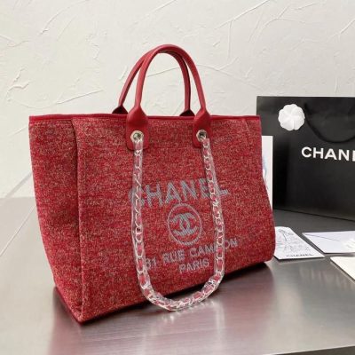 Chanel Deauville Canvas Tote Bag Red