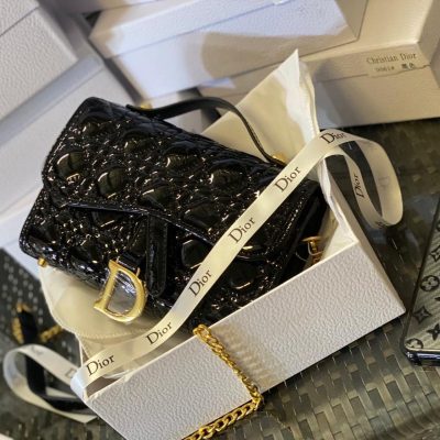 Christian Dior Leather Handbag With Chain Black
