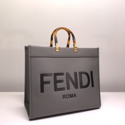 Fendi Sunshine Leather Shopper Tote Bag Gray