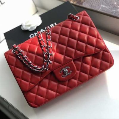 Chanel Classic Double Flap 30 Shoulder Bag Red Silver Hardware