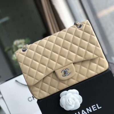 Chanel Classic Double Flap 30 Shoulder Bag Beige Silver Hardware