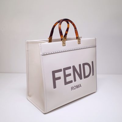 Fendi Sunshine Leather Shopper Tote Bag White