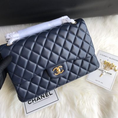 Chanel Classic Double Flap 30 Shoulder Bag Blue Golden Hardware