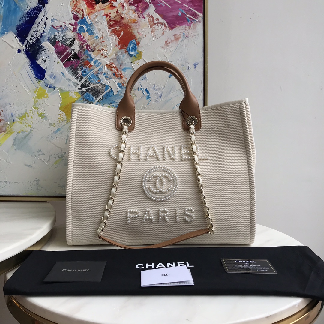 Chanel Deauville Pearl Canvas Tote Bag Ecru Beige