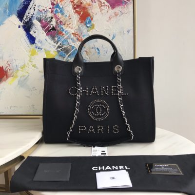 Chanel Deauville Pearl Canvas Tote Bag Black