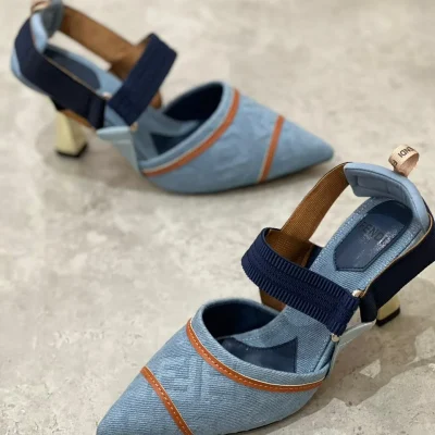 Sexy Pointed Toe Summer Gold Heel Sandals Elegant Denim FF Blue Slingbacks Pump