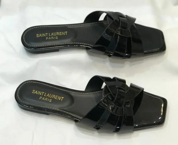 Saint Laurent Paris Patent Leather Tribute Flat Slides