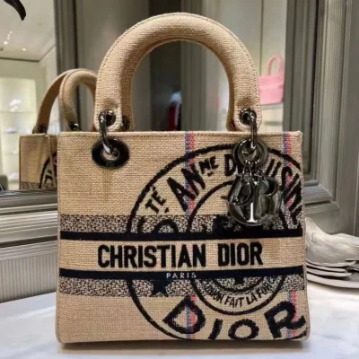 Lady Dior D-Lite Medium Embroidered Jute Dior-Union Beige Bag