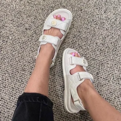 CHANEL Grained Calfskin Velcro White Dad Sandals