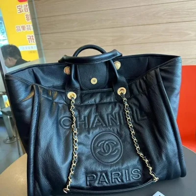 Chanel Calfskin & Gold-Tone Chain Logo Metal Black Small Tote Bag