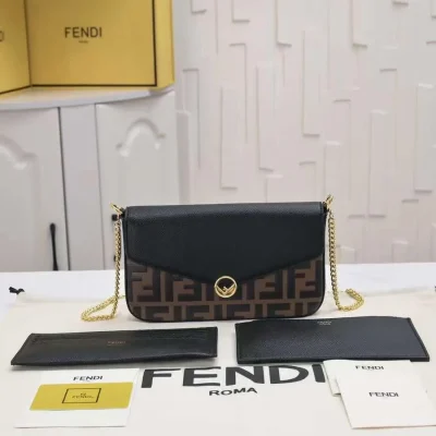 Fendi Chain Envelope Pouch In FF Motif Nappa Leather Brown/Black