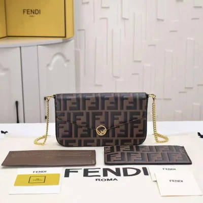 Fendi Chain Envelope Pouch In FF Motif Nappa Leather Brown/Black