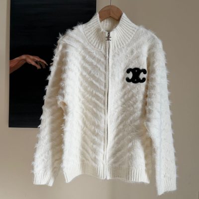 Chanel Women’s white fuzzy sweater with zipper