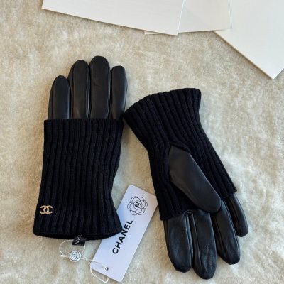 Chanel-style knit leather women’s gloves black
